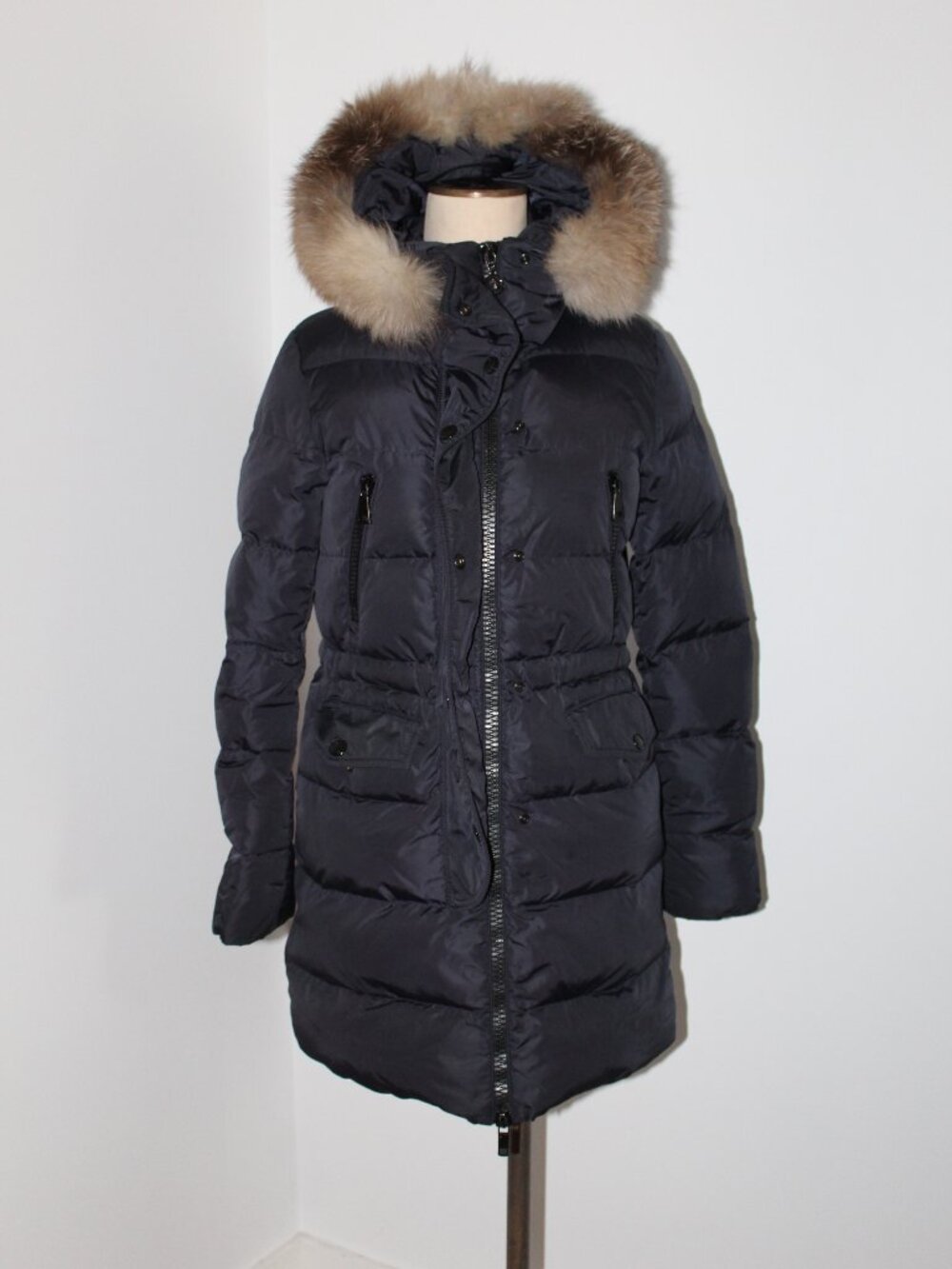 Moncler Parka Black Down Fox Fur Hooded Puffer Coat Jacket Size 0 XS